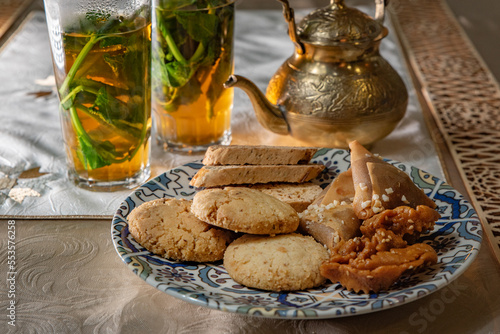 Traditional Moroccan tableware and sweets for tea ceremony