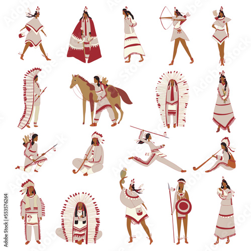 Native American Indians in Traditional Clothes Big Vector Set