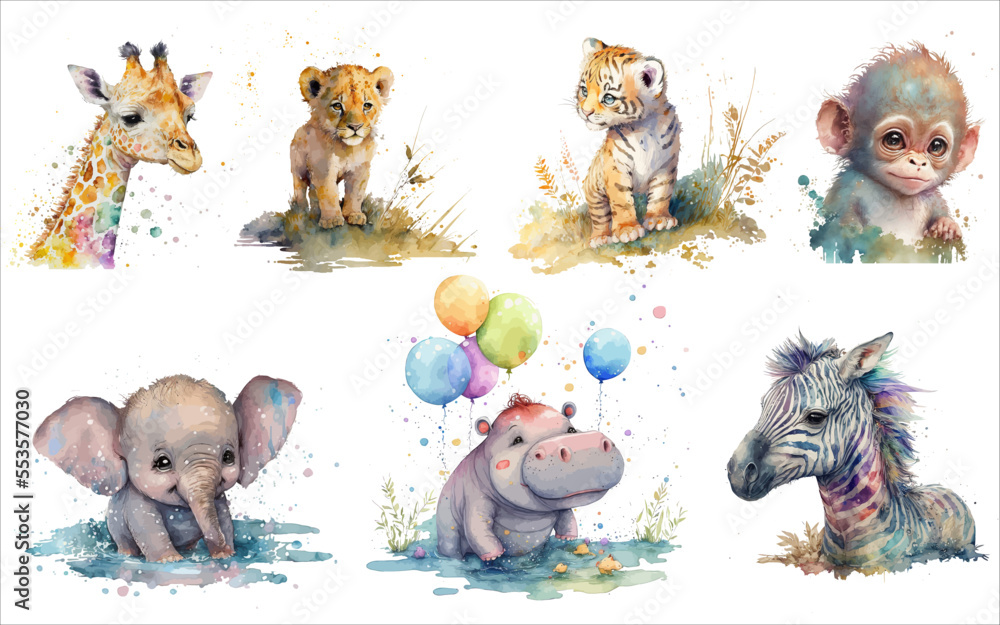 Fototapeta premium Safari Animal set hippopotamus, monkey, giraffe, lion cub, tiger cub, elephant cub, zebra in watercolor style. Isolated vector illustration