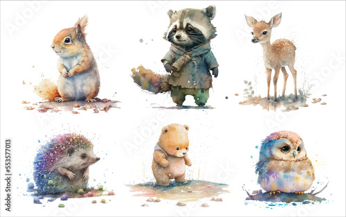 Safari Animal set small squirrel, raccoon, fawn, hedgehog, bear cub and owlet in watercolor style. Isolated vector illustration