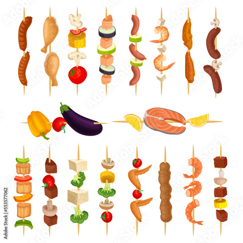 Kebabs of Vegetable, Meat and Seafood Slabs on Wooden Skewers Big Vector Set