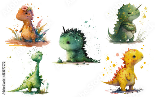 Safari Animal set small dinosaurs of different colors in watercolor style. Isolated vector illustration