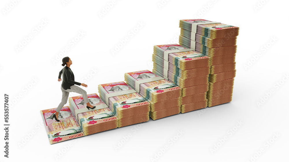 Obraz premium Business woman climbing stairs made of Mauritian Rupee notes. 3D rendering of money arranged in the shape of a financial growth graph icon. Business growth concept
