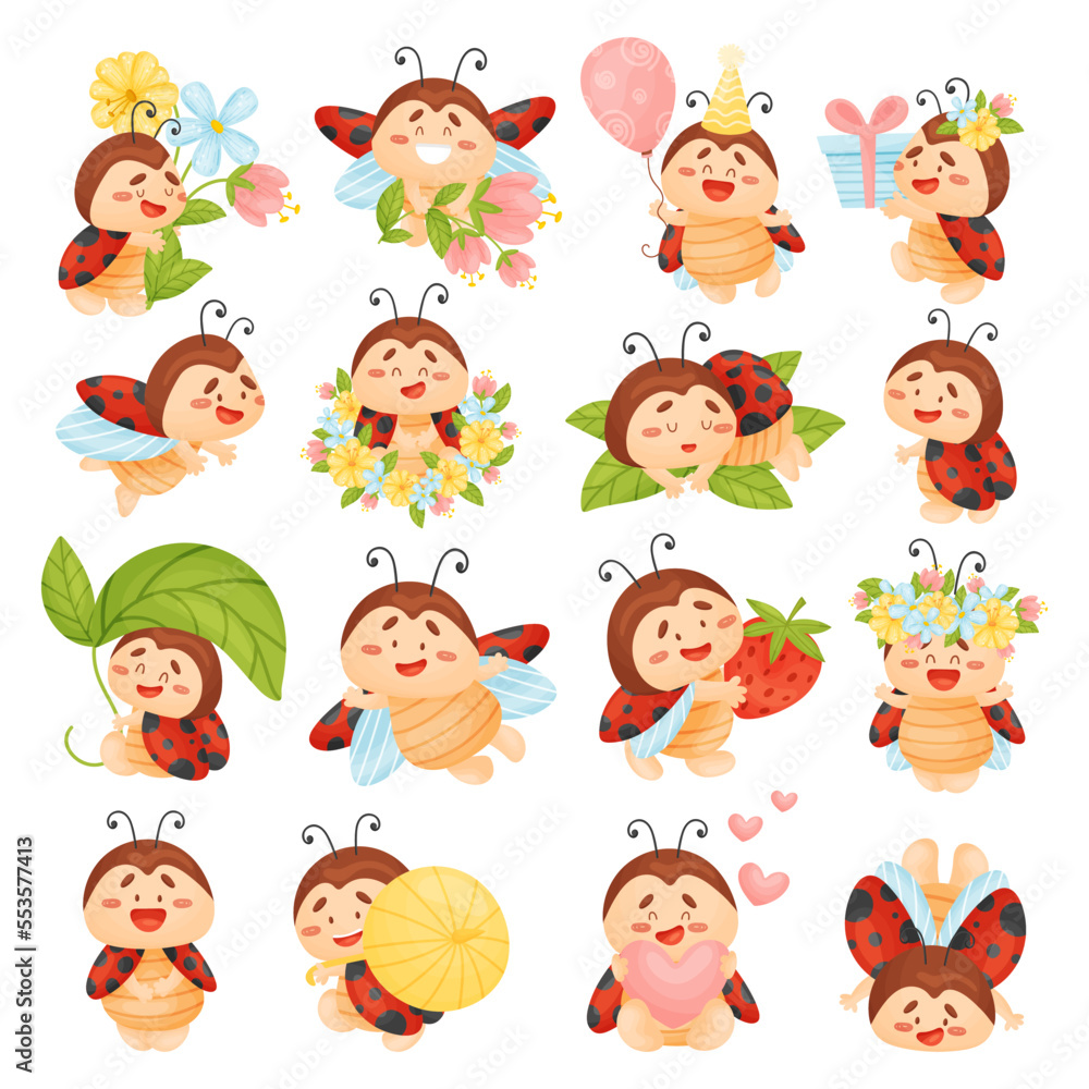 Cute Ladybug Character with Black Spots Engaged in Different Activity Big Vector Set Cute Ladybug Character with Black Spots Engaged in Different Activity Big Vector Set