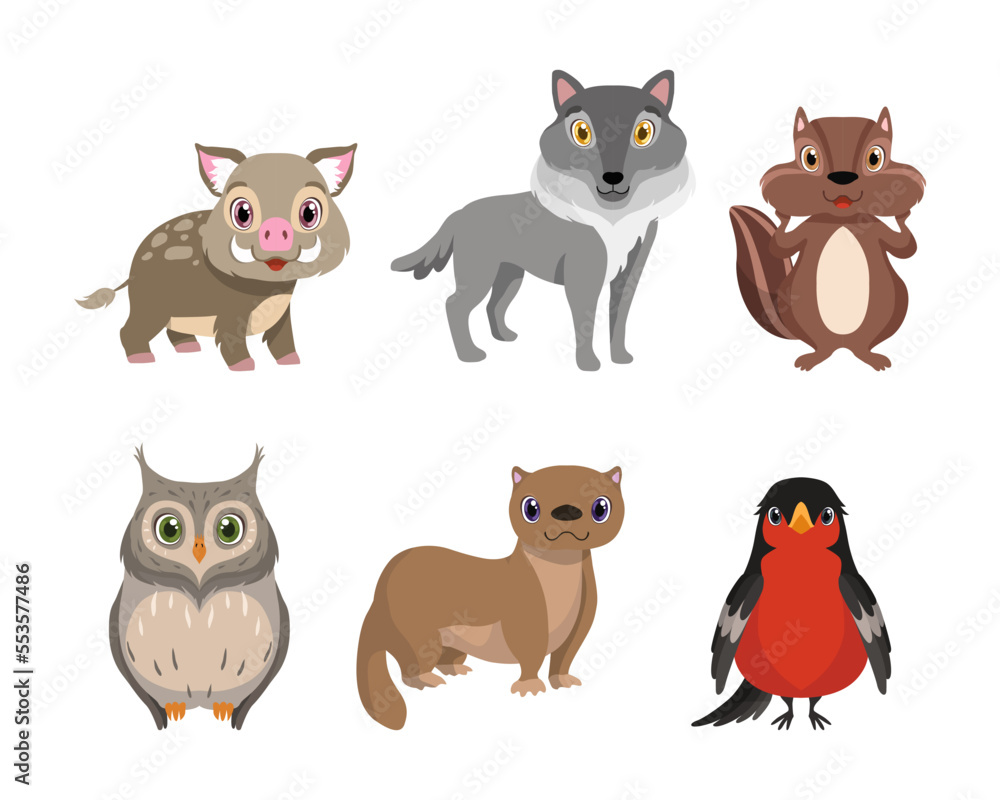 Cute Woodland Animals with Boar, Wolf, Chipmunk, Owl, Otter and Woodpecker Vector Set Cute Woodland Animals with Boar, Wolf, Chipmunk, Owl, Otter and Woodpecker Vector Set