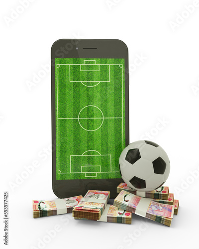 3D rendering of a mobile phone with soccer field on screen, soccer ball and stacks of Djiboutian franc notes isolated on white background. photo