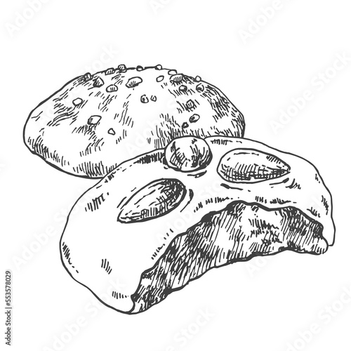 Hand drawn vector German gingerbread illustration. Sweet  nurnberger elisen lebkuchen. Traditional Christmas sweet dessert. Honey nut glazed cookies. Template for menu, design, ad