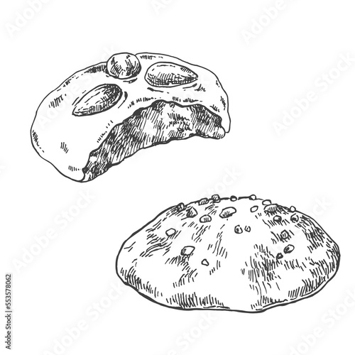 Hand drawn vector German gingerbread illustration. Sweet  nurnberger elisen lebkuchen. Traditional Christmas sweet dessert. Honey nut glazed cookies. Template for menu, design, ad