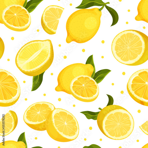Fresh Lemon Seamless Pattern Design with Bright Yellow Citrus Fruit Vector Template
