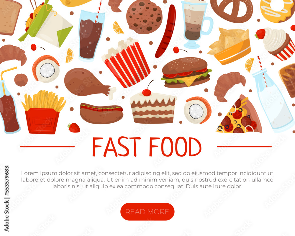 Tasty Fast Food Banner Design with Appetizing Nutrition Vector Template Tasty Fast Food Banner Design with Appetizing Nutrition Vector Template