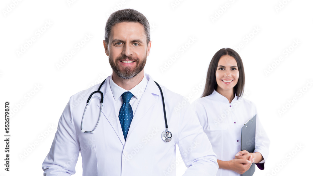 selective focus of doctor and nurse wear white coat. nurse and doctor with laptop and anamnesis selective focus of doctor and nurse wear white coat. nurse and doctor with laptop and anamnesis
