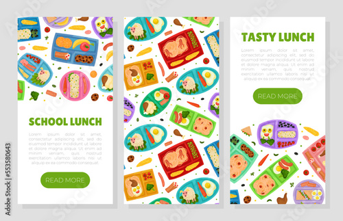 Tasty Lunch Box Banner Design with Healthy Meal for Kids Vector Template