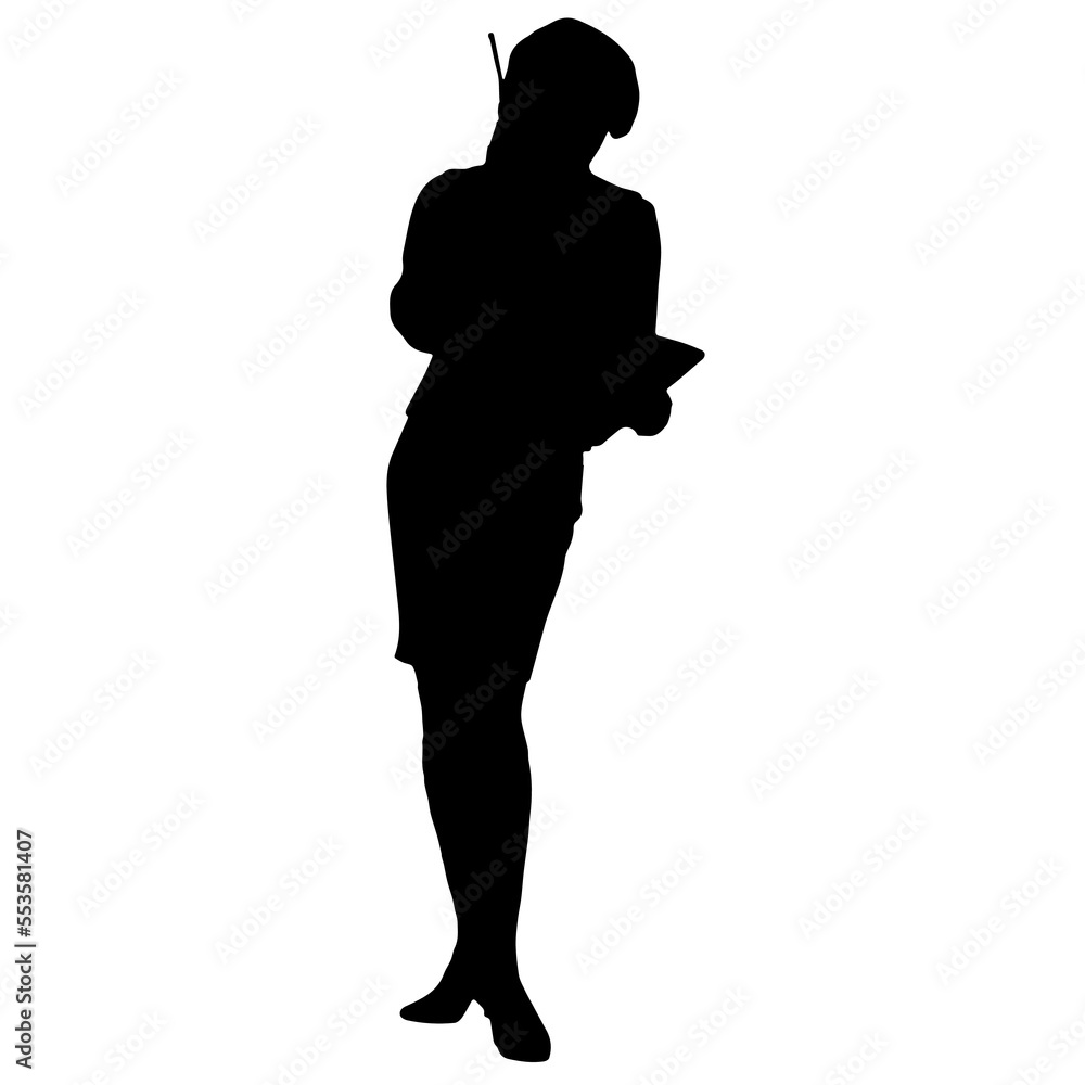 Fototapeta premium Vector silhouettes of women. Standing woman shape. Black color on isolated white background. Graphic illustration. EPS10.