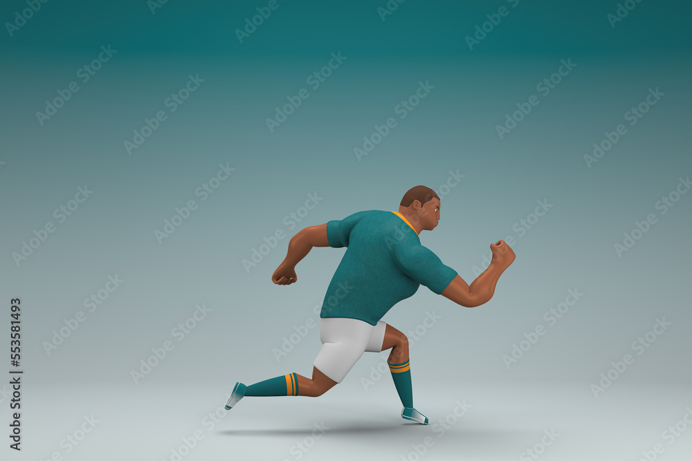 Obraz premium An athlete wearing a green shirt and white pants is runing. 3d rendering of cartoon character in acting.