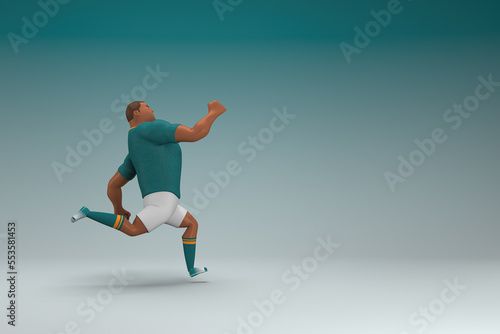 An athlete wearing a green shirt and white pants is runing. 3d rendering of cartoon character in acting.
