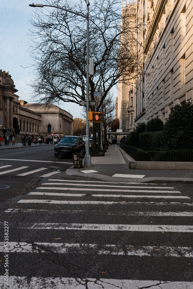 New York, USA - 12.05.2022: Pedestrian crossing and traffic light in New York.