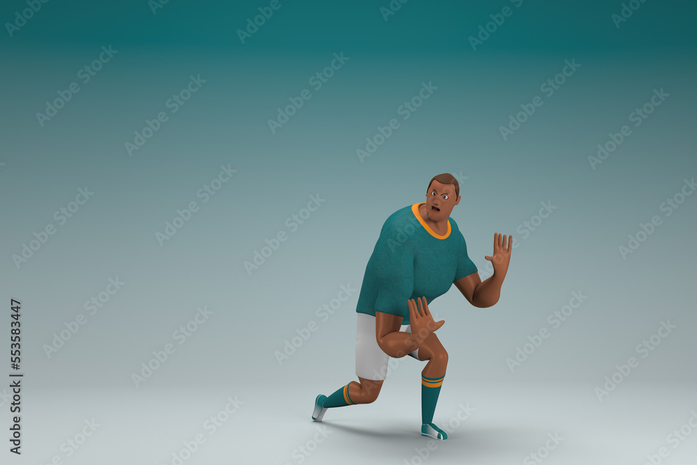 An athlete wearing a green shirt and white pants. He is pulling or pushing something. 3d rendering of cartoon character in acting. An athlete wearing a green shirt and white pants. He is pulling or pushing something. 3d rendering of cartoon character in acting.