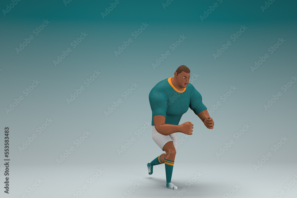 An athlete wearing a green shirt and white pants. He is pulling or pushing something. 3d rendering of cartoon character in acting.