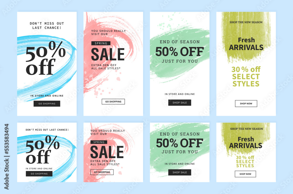 Set of creative sale templates for social media story posts. Bright layouts with watercolor strokes.