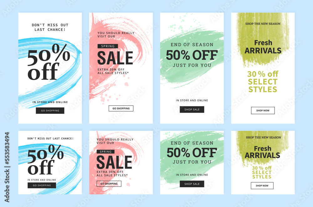 Obraz premium Set of creative sale templates for social media story posts. Bright layouts with watercolor strokes.