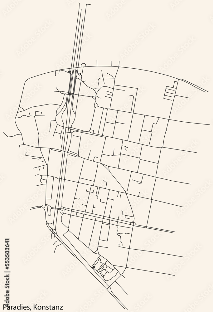 Detailed navigation black lines urban street roads map of the PARADIES QUARTER of the German town of KONSTANZ, Germany on vintage beige background Detailed navigation black lines urban street roads map of the PARADIES QUARTER of the German town of KONSTANZ, Germany on vintage beige background