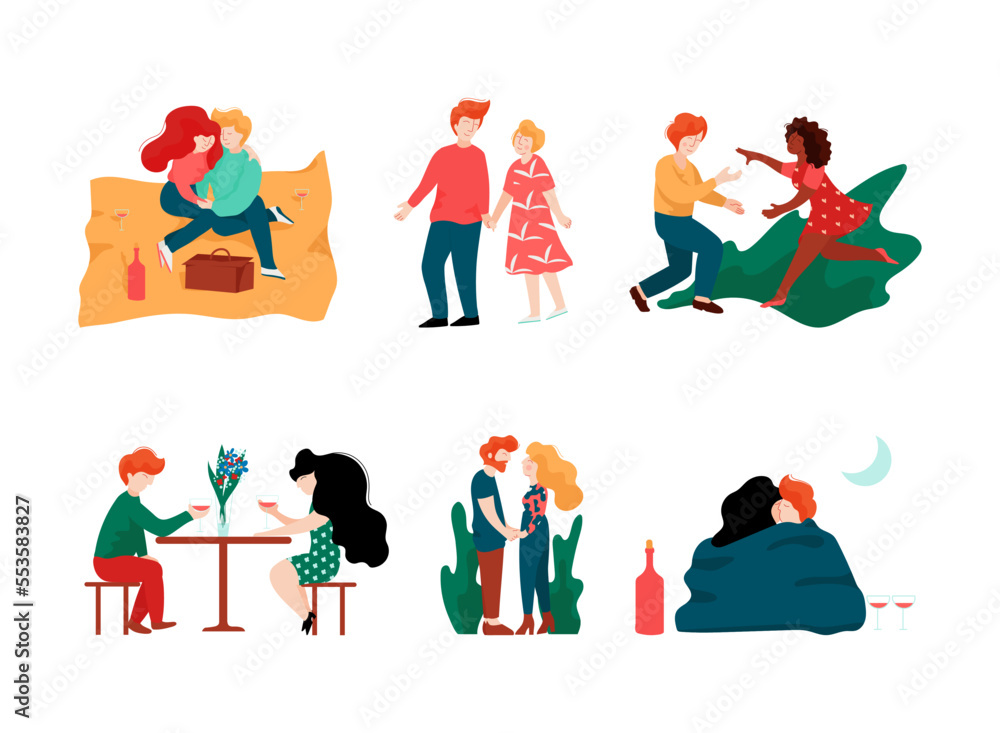 Happy Romantic Couple Embracing, Holding Hands, Drinking Wine at Restaurant and Kissing Vector Set Happy Romantic Couple Embracing, Holding Hands, Drinking Wine at Restaurant and Kissing Vector Set