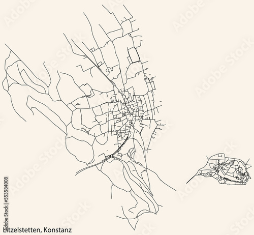  Detailed navigation black lines urban street roads map of the LITZELSTETTEN QUARTER of the German town of KONSTANZ, Germany on vintage beige background