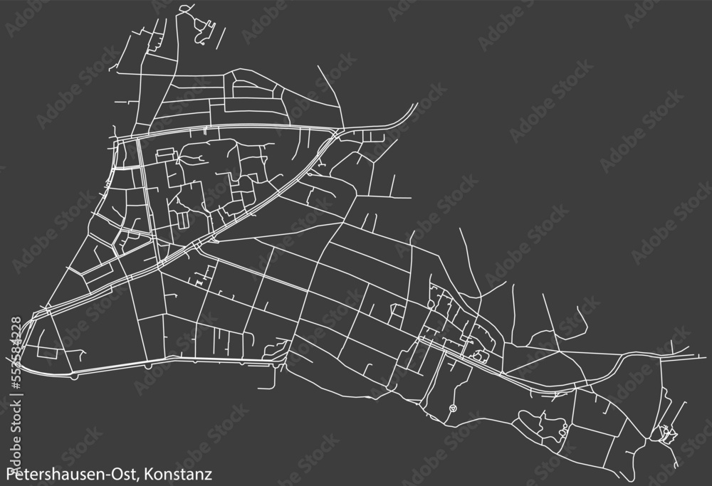 Detailed negative navigation white lines urban street roads map of the PETERSHAUSEN-OST QUARTER of the German town of KONSTANZ, Germany on dark gray background