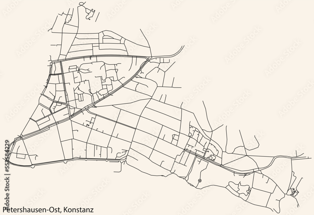 Detailed navigation black lines urban street roads map of the PETERSHAUSEN-OST QUARTER of the German town of KONSTANZ, Germany on vintage beige background