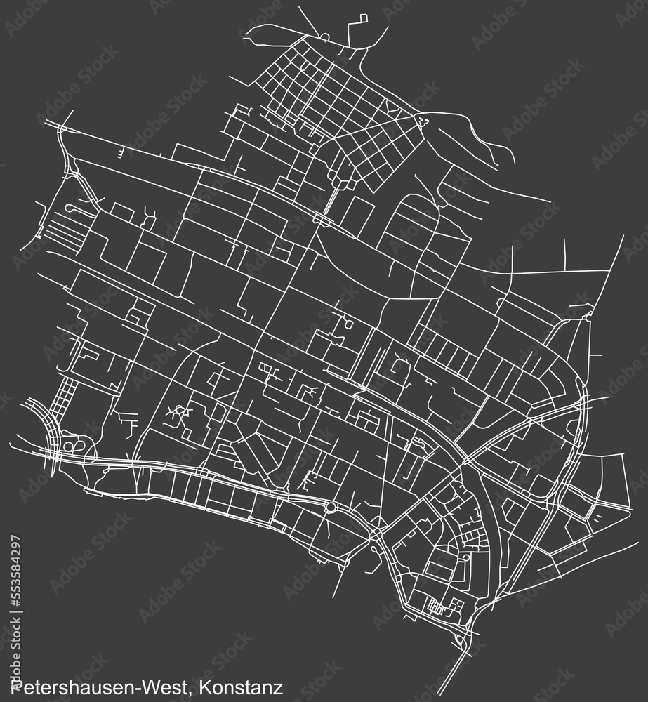 Detailed negative navigation white lines urban street roads map of the PETERSHAUSEN-WEST QUARTER of the German town of KONSTANZ, Germany on dark gray background