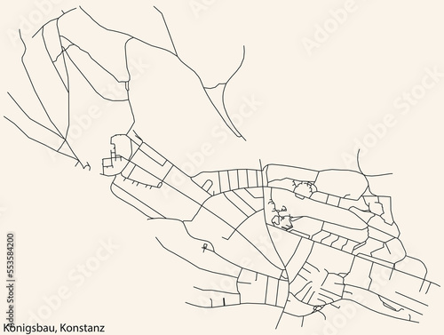 Detailed navigation black lines urban street roads map of the K  NIGSBAU QUARTER of the German town of KONSTANZ  Germany on vintage beige background