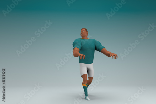 An athlete wearing a green shirt and white pants  is expression of hand when talking. 3d rendering of cartoon character in acting. © Ake