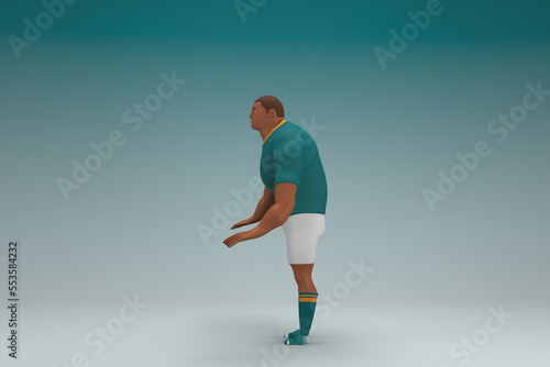 An athlete wearing a green shirt and white pants is expression of hand when talking. 3d rendering of cartoon character in acting.