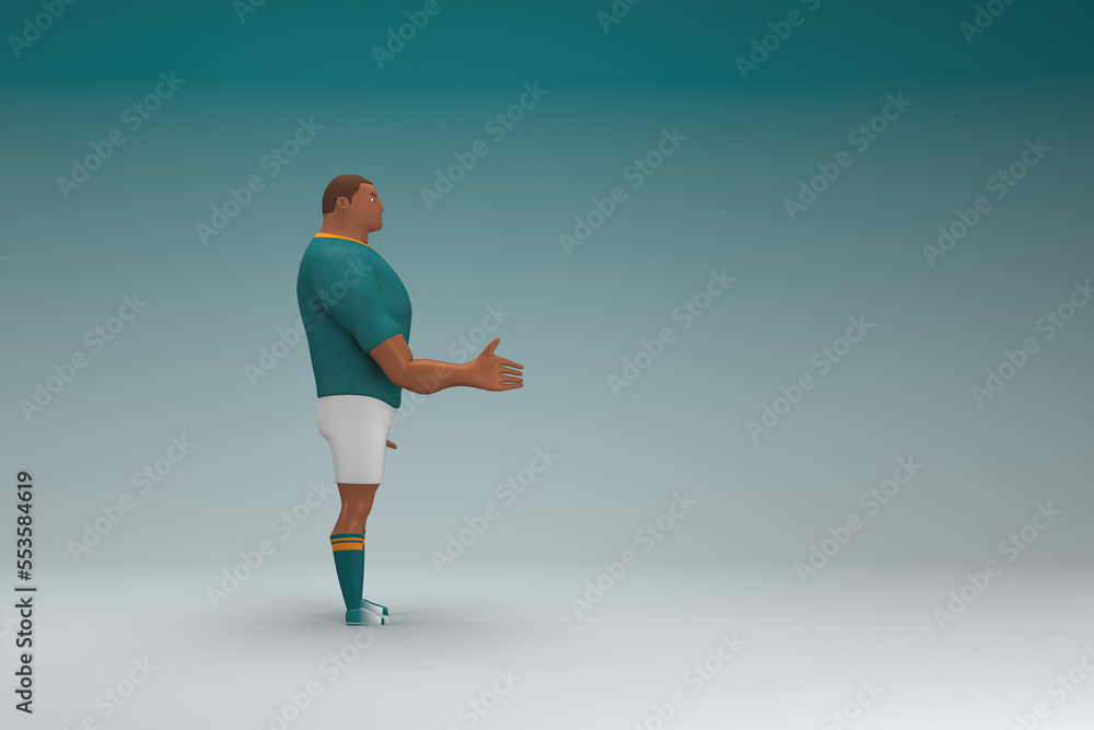 An athlete wearing a green shirt and white pants is expression of hand when talking. 3d rendering of cartoon character in acting. An athlete wearing a green shirt and white pants is expression of hand when talking. 3d rendering of cartoon character in acting.