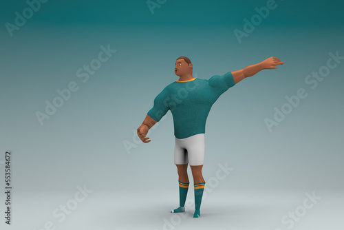 An athlete wearing a green shirt and white pants  is expression of hand when talking. 3d rendering of cartoon character in acting. © Ake