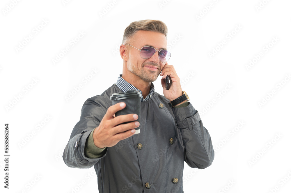 Happy smiling professional business man businessman executive in formal coat talking on mobile phone Happy smiling professional business man businessman executive in formal coat talking on mobile phone