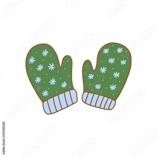 Cute green winter warm cozy mittens with snowflakes. Accessory for hands. Colorful vector isolated illustration hand drawn doodle. Design element, card or icon contour
