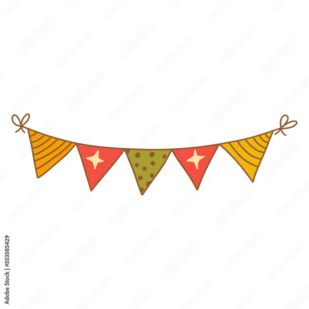 Fototapeta premium Festive garland with triangular checkboxes. Striped flags, polka dots. Colorful vector isolated illustration hand drawn doodle. Interior decoration. Holiday season, party design element contour