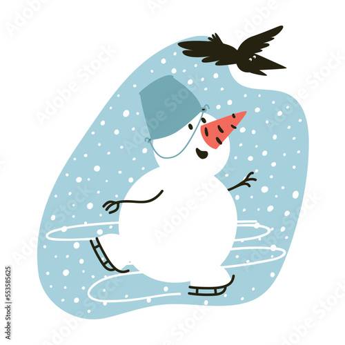 Athlete snowman skates. Winter greeting card in cartoon style for printing postcards, posters. New Year's entertainment on the street. A snowman with a crow catches snowflakes on ice.