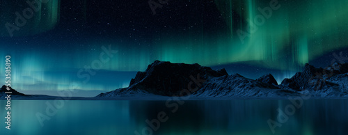Winter Landscape with Aurora Borealis. Green Sky Background with copy-space.
