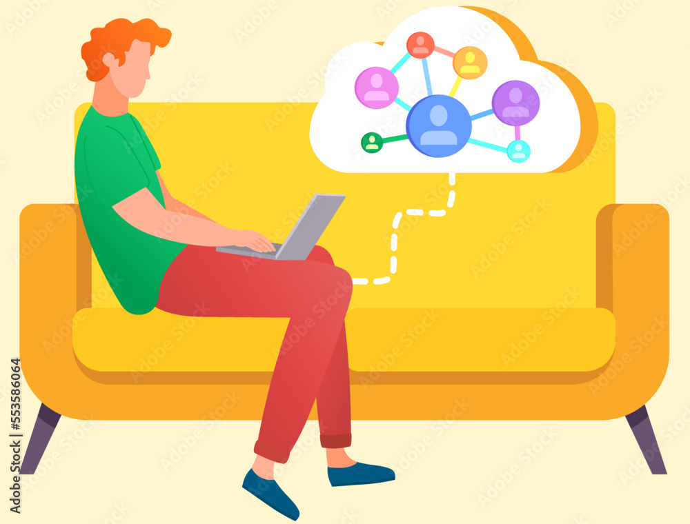 Man working with computer, chatting with employees. Freelance or internet job concept. Person with laptop sitting on couch. Guy studying courses online. Male freelancer works with electronic device