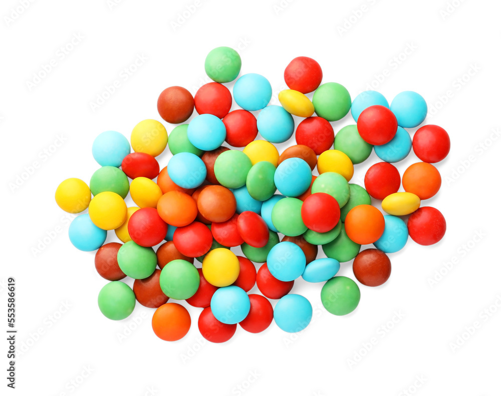 Tasty colorful candies isolated on white, top view Tasty colorful candies isolated on white, top view