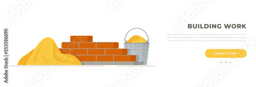Vector illustration of brick masonry. Cement trowel and brick wall insulated on white background. 