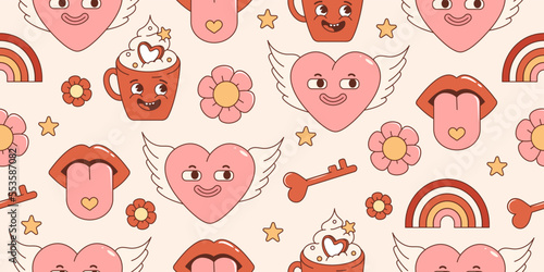 Groovy hippie Valentines Day seamless pattern. With retro cartoon characters and elements. Trendy 70s style