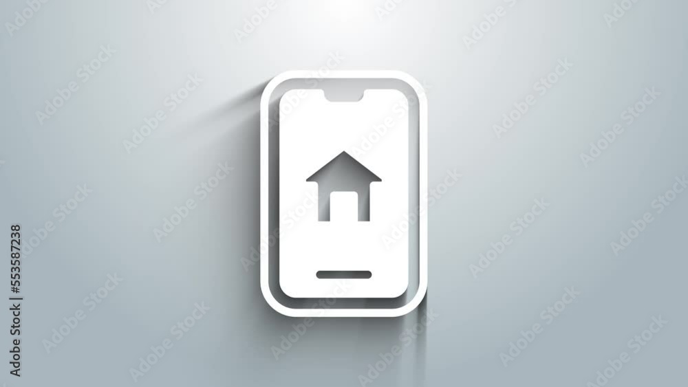White Online real estate house on smartphone icon isolated on grey background. Home loan concept, rent, buy, buying a property. 4K Video motion graphic animation White Online real estate house on smartphone icon isolated on grey background. Home loan concept, rent, buy, buying a property. 4K Video motion graphic animation
