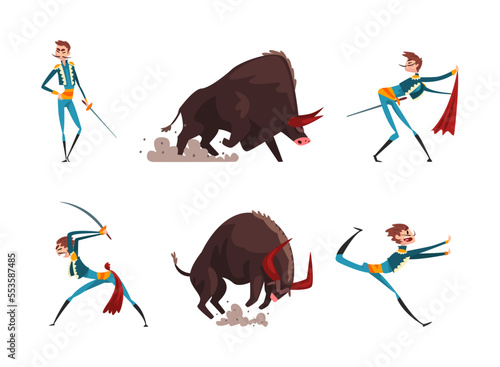 Bullfighter or Matador with Red Cloak and Furious Bull Vector Set