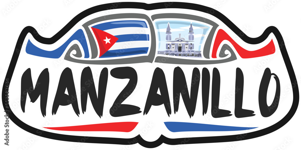 Manzanillo Cuba Flag Travel Souvenir Sticker Skyline Landmark Logo Badge Stamp Seal Emblem Coat of Arms Vector Illustration SVG EPS