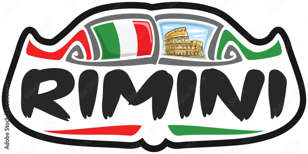 Rimini Italy Flag Travel Souvenir Sticker Skyline Landmark Logo Badge Stamp Seal Emblem Coat of Arms Vector Illustration SVG EPS