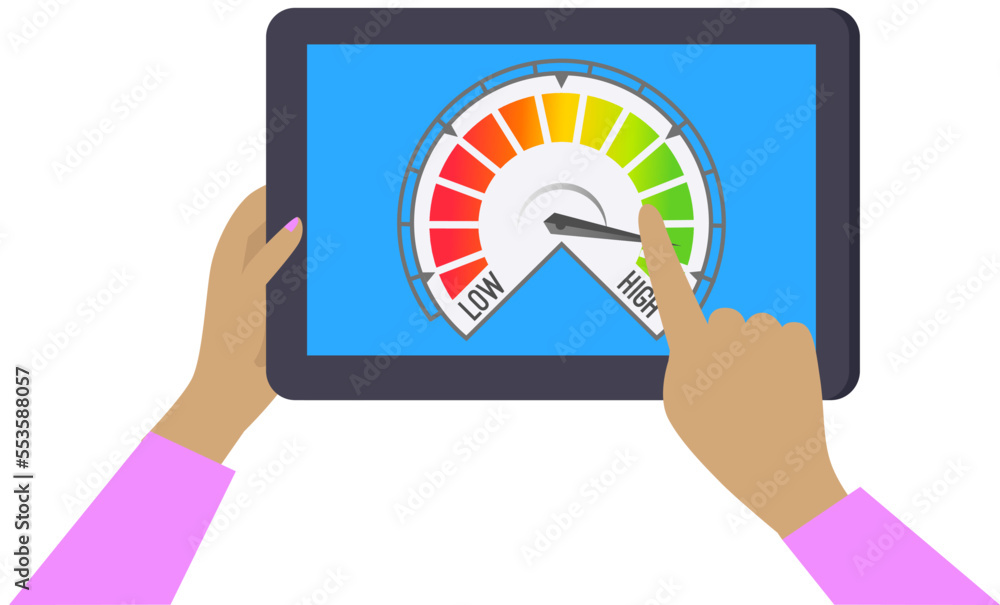 Person holding tablet working with scale from poor to excellent. Performance quality indicators, earn in internet, success. Concept of property and speed of work, detecrors of gradation of profit Person holding tablet working with scale from poor to excellent. Performance quality indicators, earn in internet, success. Concept of property and speed of work, detecrors of gradation of profit