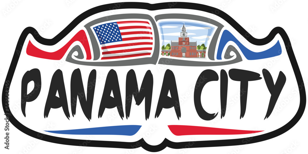 Panama City USA United States Flag Travel Souvenir Sticker Skyline Landmark Logo Badge Stamp Seal Emblem Coat of Arms Vector Illustration SVG EPS